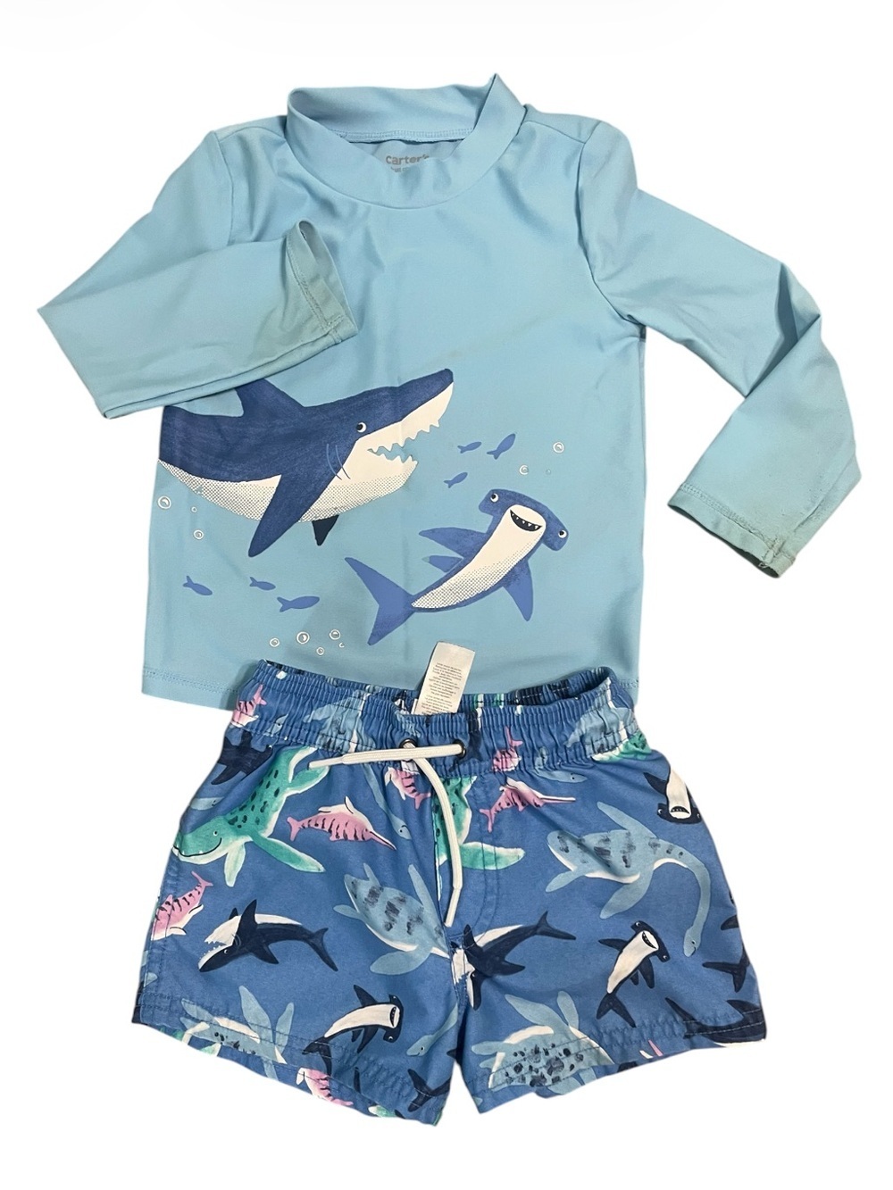 Carter's Light Blue Shark Rash Guard & Swim Shorts Set